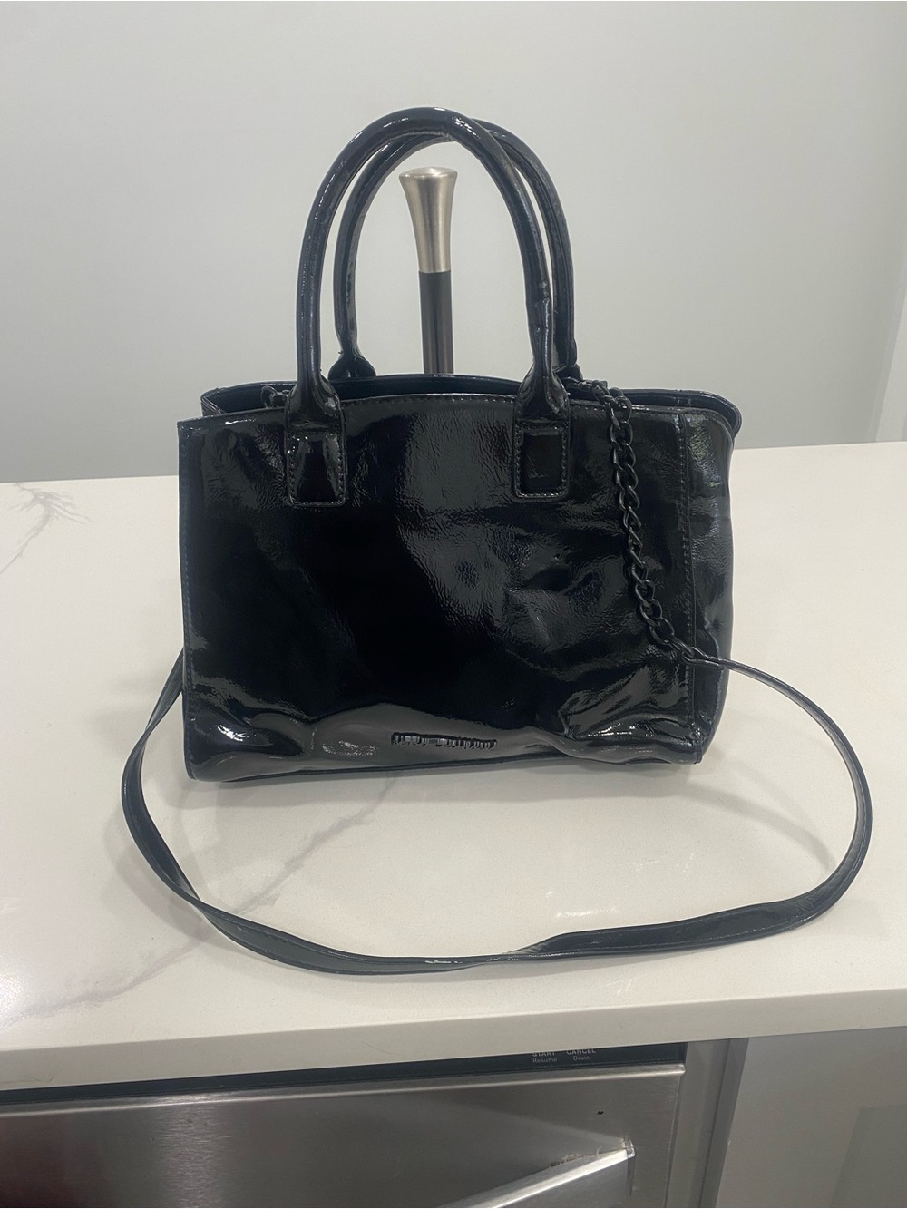 Betsey Johnson Black Patent Satchel with Chain Accent
